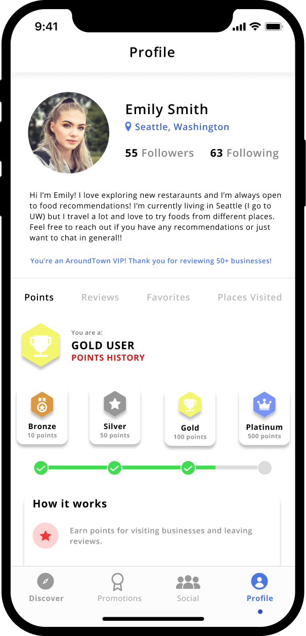 Around Town profile points screen